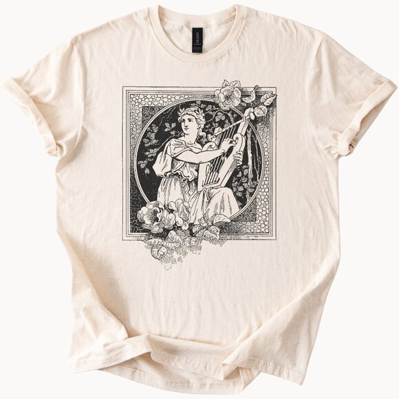 Harp Muse Floral Graphic T-Shirt Art Nouveau Style Tee - Picture 1 of 4